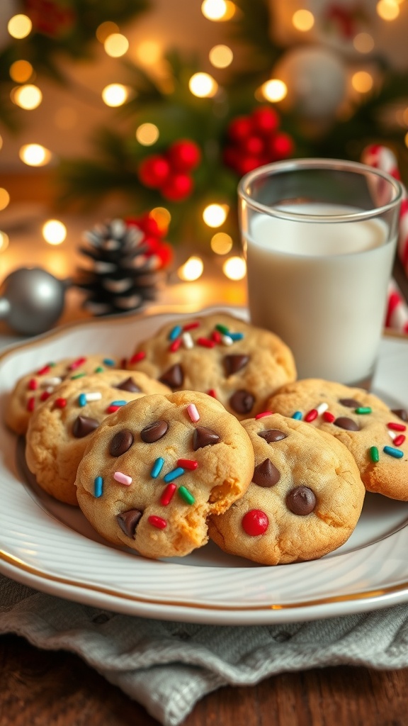 A festive plate of cookies decorated with sprinkles and chocolate chips, accompanied by a glass of milk in a warm holiday setting.